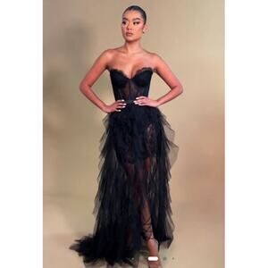 FASHION NOVA Anastasia Tiered Tulle Corset Strapless Gown Maxi Dress Prom Vamp S